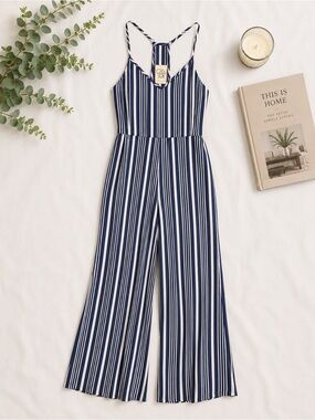 NWT Chaser Blue & White Striped Wide Leg Jumpsuit Size Large